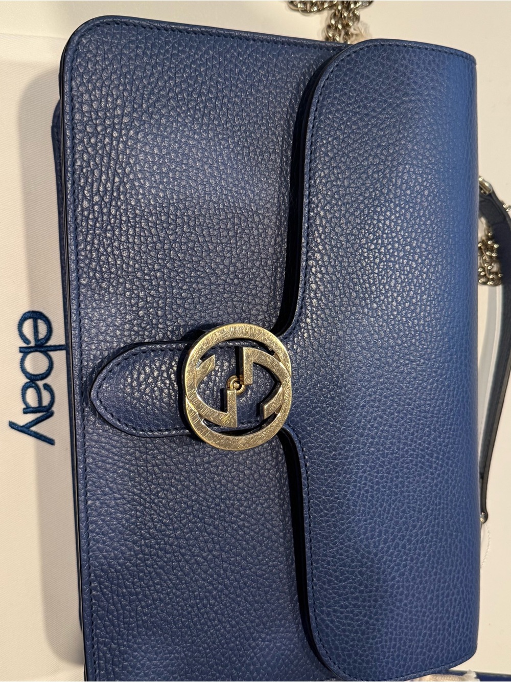 Gucci GG Marmont Large Accordion Flap Bag Blue Grained Leather